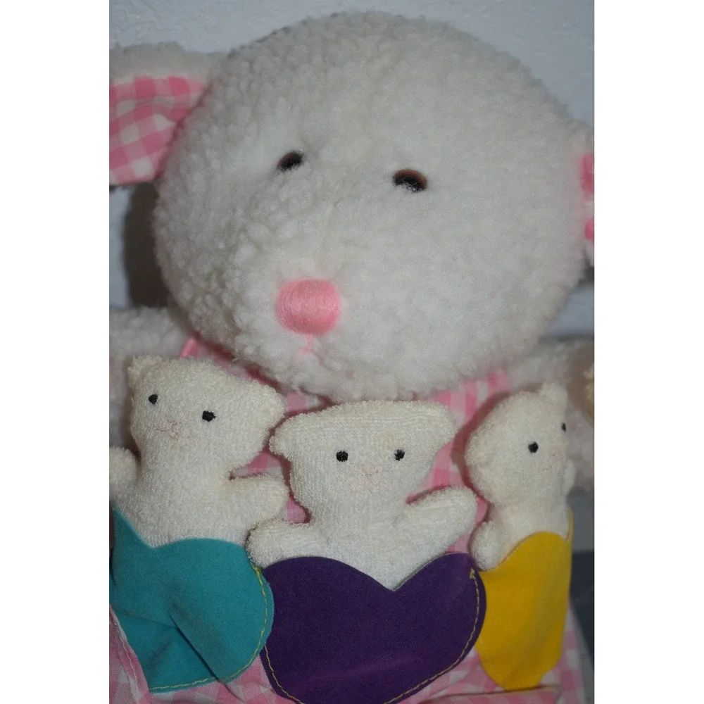 Vintage 1993 Dakin Mother Sheep Plush Pink Gingham Dress with 3 Baby Lambs 16 in